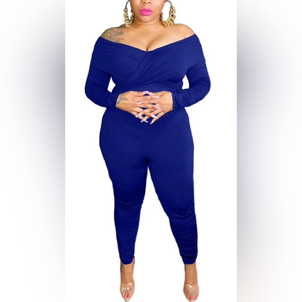 Womens Plus Size Sexy Off Shoulder Solid Color Ruched Bodycon Jumpsuits